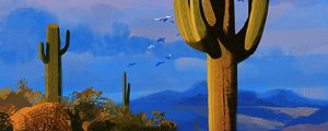 Preview wallpaper cacti, prairies, birds, canvas, art