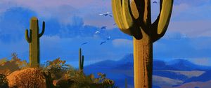 Preview wallpaper cacti, prairies, birds, canvas, art