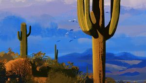 Preview wallpaper cacti, prairies, birds, canvas, art