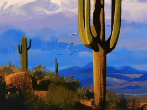 Preview wallpaper cacti, prairies, birds, canvas, art