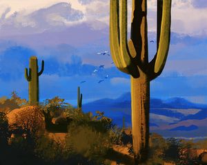 Preview wallpaper cacti, prairies, birds, canvas, art