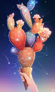 Preview wallpaper cactus, ice cream, art, flowers, stars