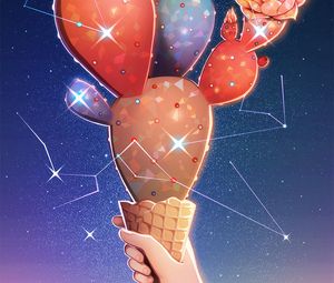 Preview wallpaper cactus, ice cream, art, flowers, stars