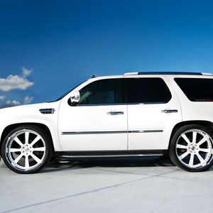 Preview wallpaper cadillac, escalade, white, wheels, profile, roof, parking