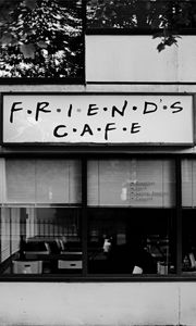 Preview wallpaper cafe, signboard, bw, friends