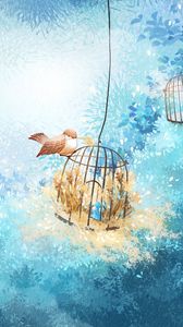 Preview wallpaper cage, bird, branches, nest, art