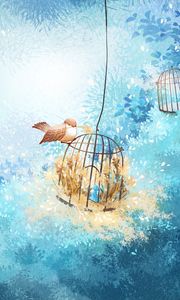 Preview wallpaper cage, bird, branches, nest, art