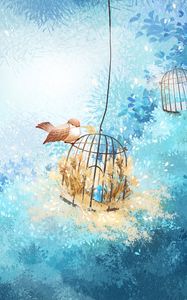 Preview wallpaper cage, bird, branches, nest, art
