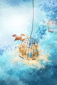 Preview wallpaper cage, bird, branches, nest, art