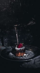 Preview wallpaper cake, dessert, strawberry, spoon, dark