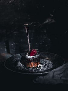 Preview wallpaper cake, dessert, strawberry, spoon, dark