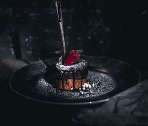 Preview wallpaper cake, dessert, strawberry, spoon, dark