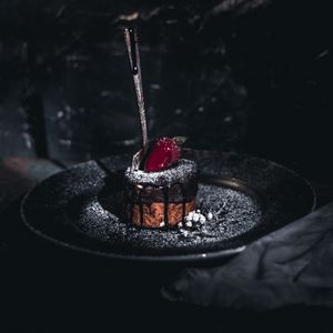 Preview wallpaper cake, dessert, strawberry, spoon, dark