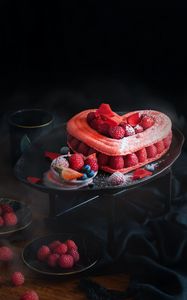 Preview wallpaper cake, heart, raspberry, dessert, pastry, sweet