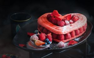 Preview wallpaper cake, heart, raspberry, dessert, pastry, sweet