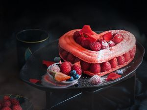 Preview wallpaper cake, heart, raspberry, dessert, pastry, sweet