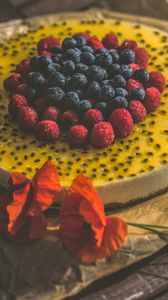 Preview wallpaper cake, raspberry, blueberries, berries, pastries, dessert