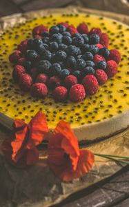 Preview wallpaper cake, raspberry, blueberries, berries, pastries, dessert