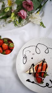 Preview wallpaper cake, strawberries, dessert, flowers