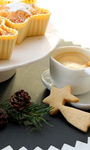 Preview wallpaper cakes, coffee, pine cones, christmas