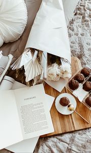 Preview wallpaper cakes, dessert, flowers, book, aesthetics