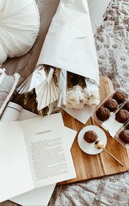 Preview wallpaper cakes, dessert, flowers, book, aesthetics