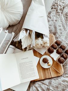 Preview wallpaper cakes, dessert, flowers, book, aesthetics