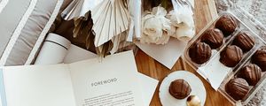 Preview wallpaper cakes, dessert, flowers, book, aesthetics