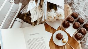 Preview wallpaper cakes, dessert, flowers, book, aesthetics
