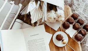 Preview wallpaper cakes, dessert, flowers, book, aesthetics