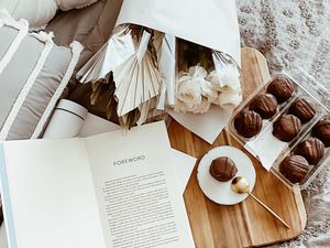 Preview wallpaper cakes, dessert, flowers, book, aesthetics