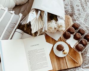 Preview wallpaper cakes, dessert, flowers, book, aesthetics