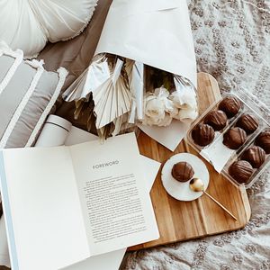 Preview wallpaper cakes, dessert, flowers, book, aesthetics