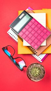 Preview wallpaper calculator, glasses, cactus, aesthetics, red