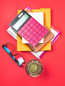 Preview wallpaper calculator, glasses, cactus, aesthetics, red