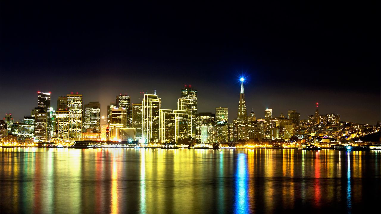 Wallpaper california, city, river, glare, rainbow, buildings, beach