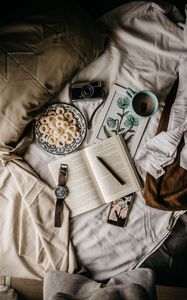 Preview wallpaper camera, book, food, mug, bed, breakfast, mood