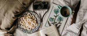 Preview wallpaper camera, book, food, mug, bed, breakfast, mood