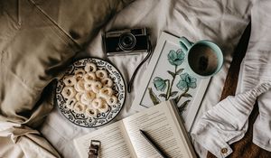 Preview wallpaper camera, book, food, mug, bed, breakfast, mood