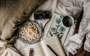 Preview wallpaper camera, book, food, mug, bed, breakfast, mood