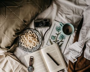 Preview wallpaper camera, book, food, mug, bed, breakfast, mood