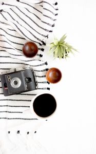 Preview wallpaper camera, cup, coffee, composition, light