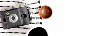 Preview wallpaper camera, cup, coffee, composition, light