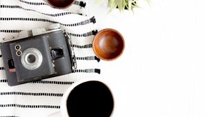 Preview wallpaper camera, cup, coffee, composition, light