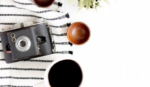 Preview wallpaper camera, cup, coffee, composition, light