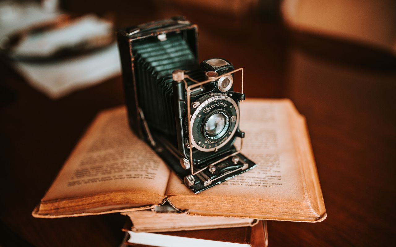 1280x800 Wallpaper camera, equipment, book, retro, aesthetics