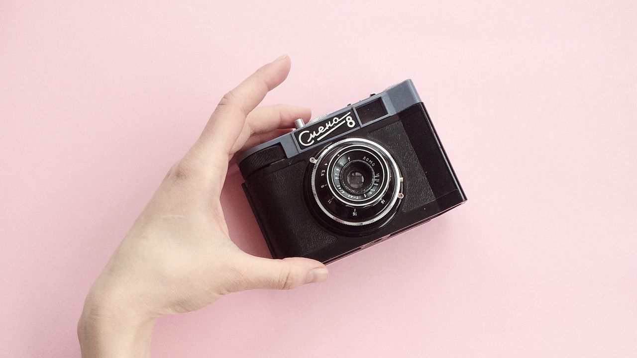 Wallpaper camera, hand, pink, minimalism, style