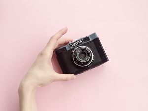 Preview wallpaper camera, hand, pink, minimalism, style