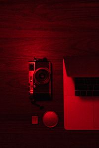 Preview wallpaper camera, laptop, red, dark
