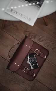 Preview wallpaper camera, lens, bag, floor, old, leather, accessory